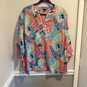 Talbots Petites Pink Blue Floral Print Top Cotton Breezy Popover Tunic 3Xp